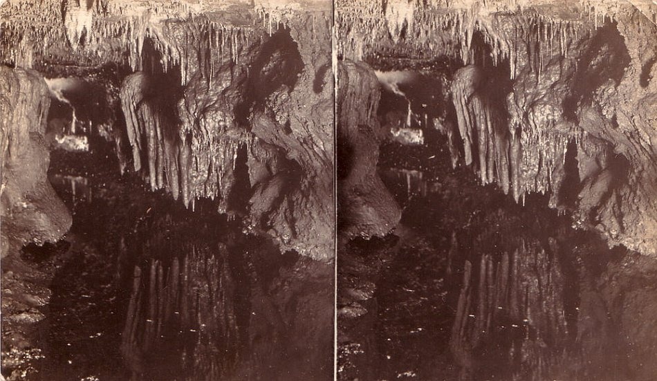The cave is probably Calgardup or Ruddock Cave in the South-West of Western Australia. If you recognise the cave please contact us and let us know. - JHA MacDougall's Stereographs