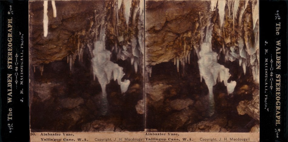 The "Alabastar Vase" from Yallingup Cave, WA. This stereograph provides some idea of how the images were captured. Look carefully at the top left corner of the LHS image. Two stalactites that are not in the top left corner of the RHS image! - JHA MacDougall's Stereographs